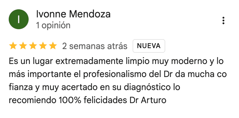 Reseña de 5 estrellas en Google de Ivonne Mendoza sobre el Dr. Arturo Ramos